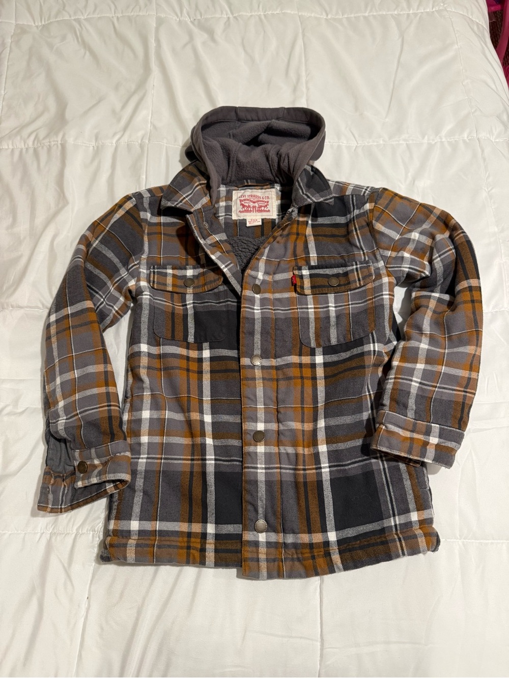 Levi's Gray, Black & Mustard Plaid Hooded Button-Down Shirt